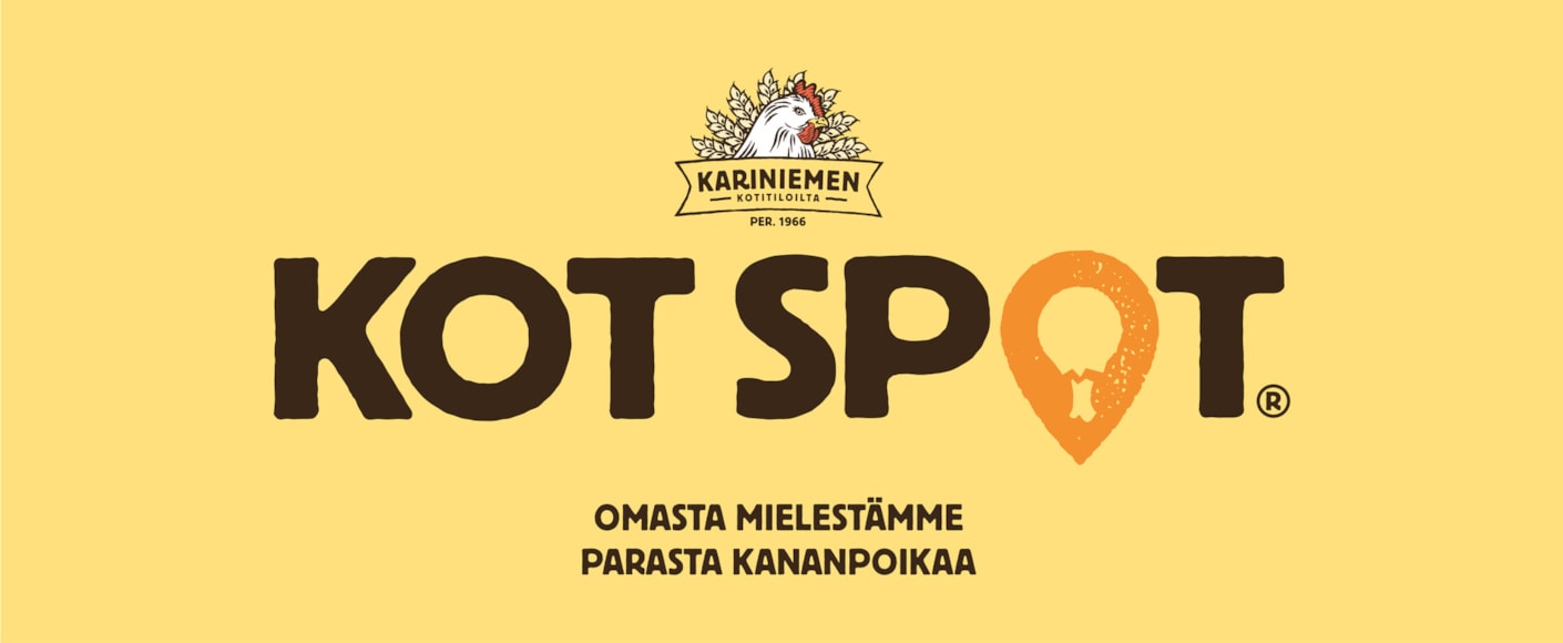 Keltainen mainos, jossa lukee "KOT SPOT" ja alla teksti "Omasta mielestämme parasta kananpoikaa." Ylhäällä Kariniemen-logo.